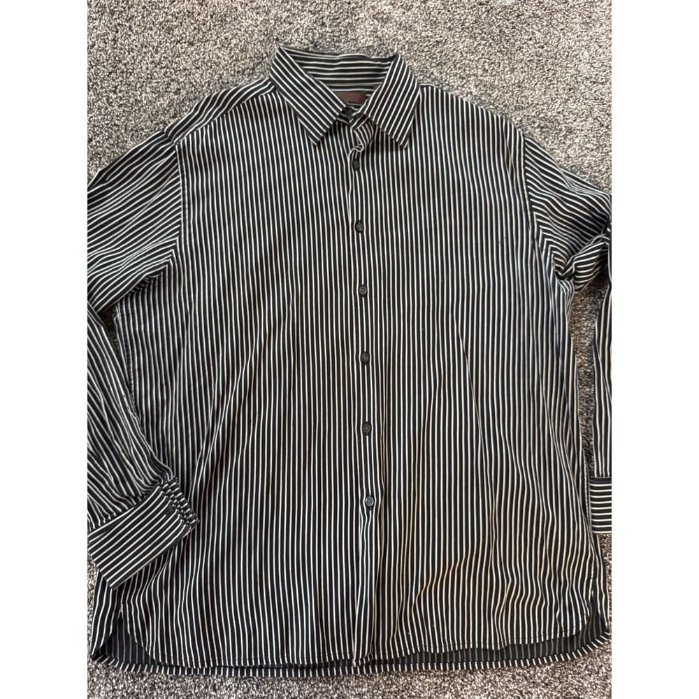 Perry Ellis Mens XXL Black White Pinstripe Cotton Button Down Long Sleeve Shirt